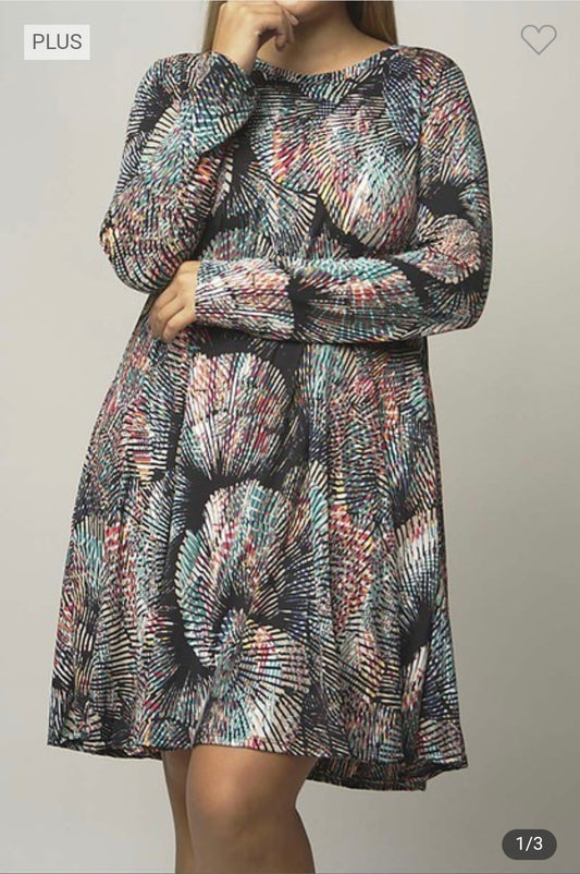 Multi print long sleeve plus size dress