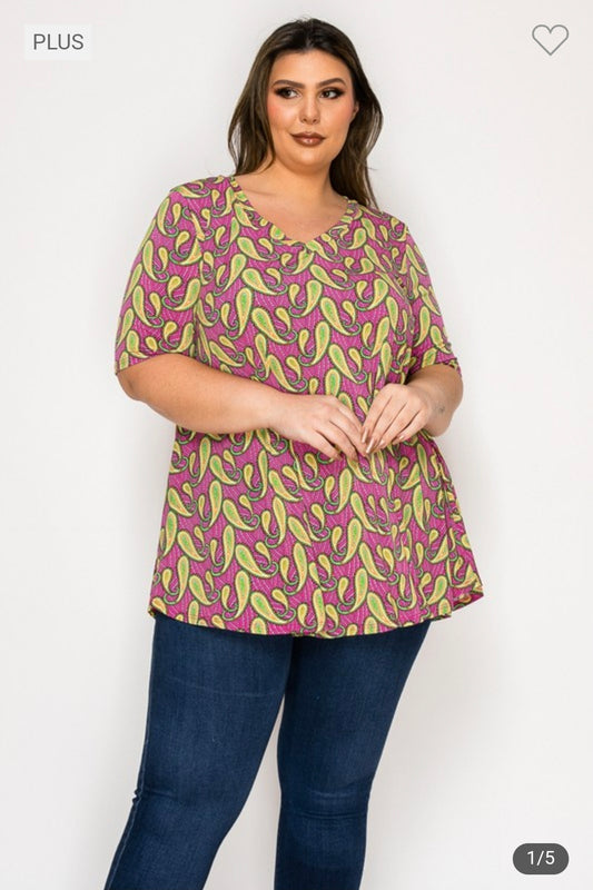 Plus size v neck short sleeves print tunic top