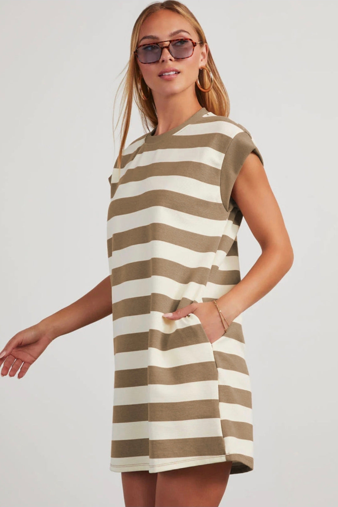 Khaki stripe cap sleeve top shirt dress