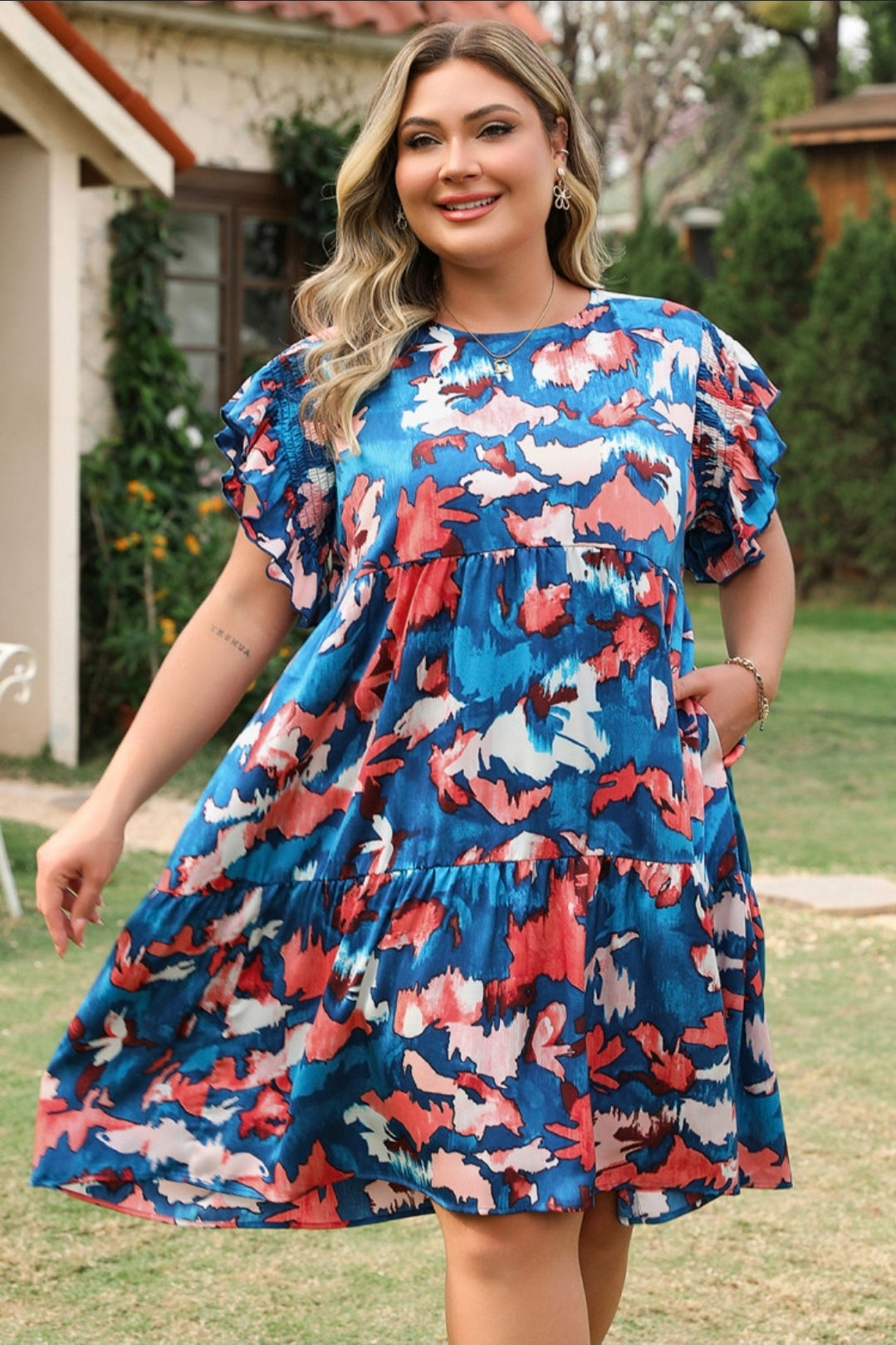 Blue abstract print shirred ruffle plus size mini dress