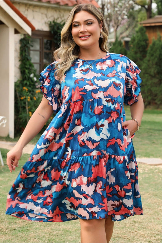 Blue abstract print shirred ruffle plus size mini dress
