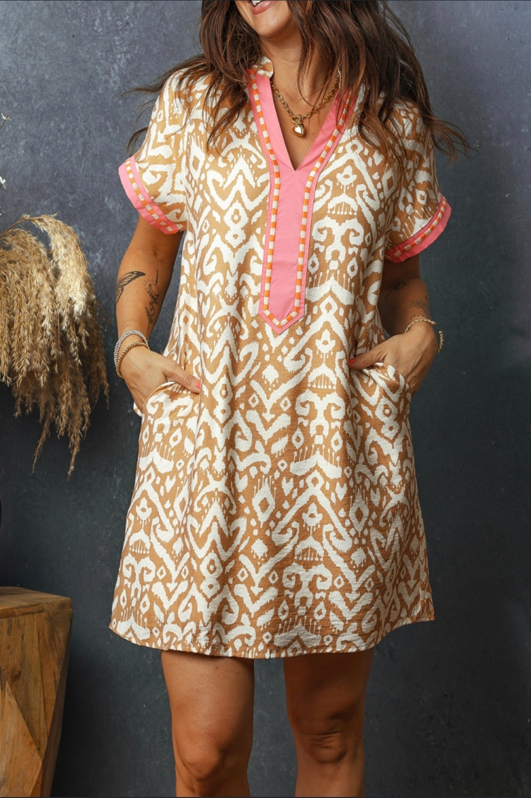 Khaki western fashion print mini dress