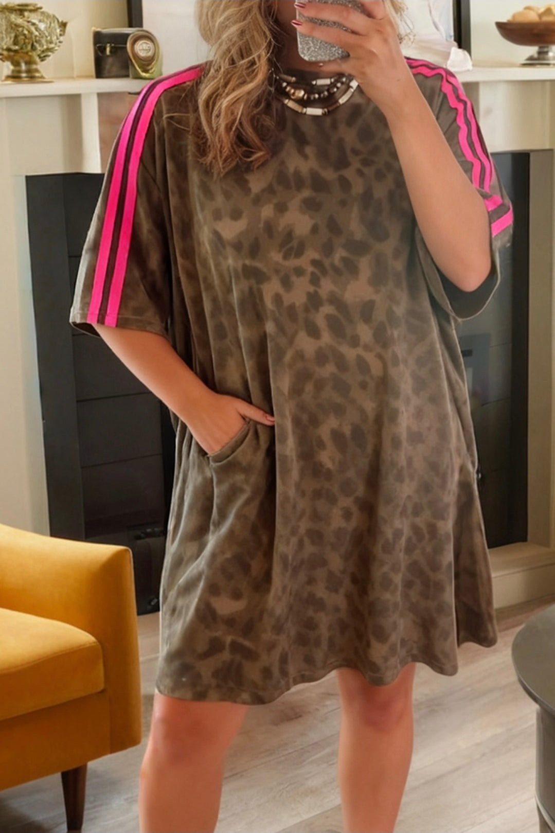 Brown loose leopard t shirt dress mini dress with pockets