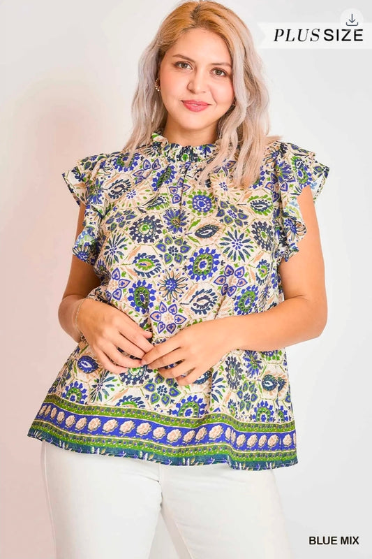 Two tone floral border print top
