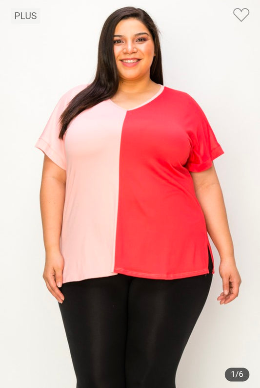 Plus size two tone tunic top pink/coral