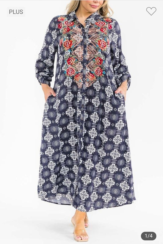 Embroidery pockets multi print dress