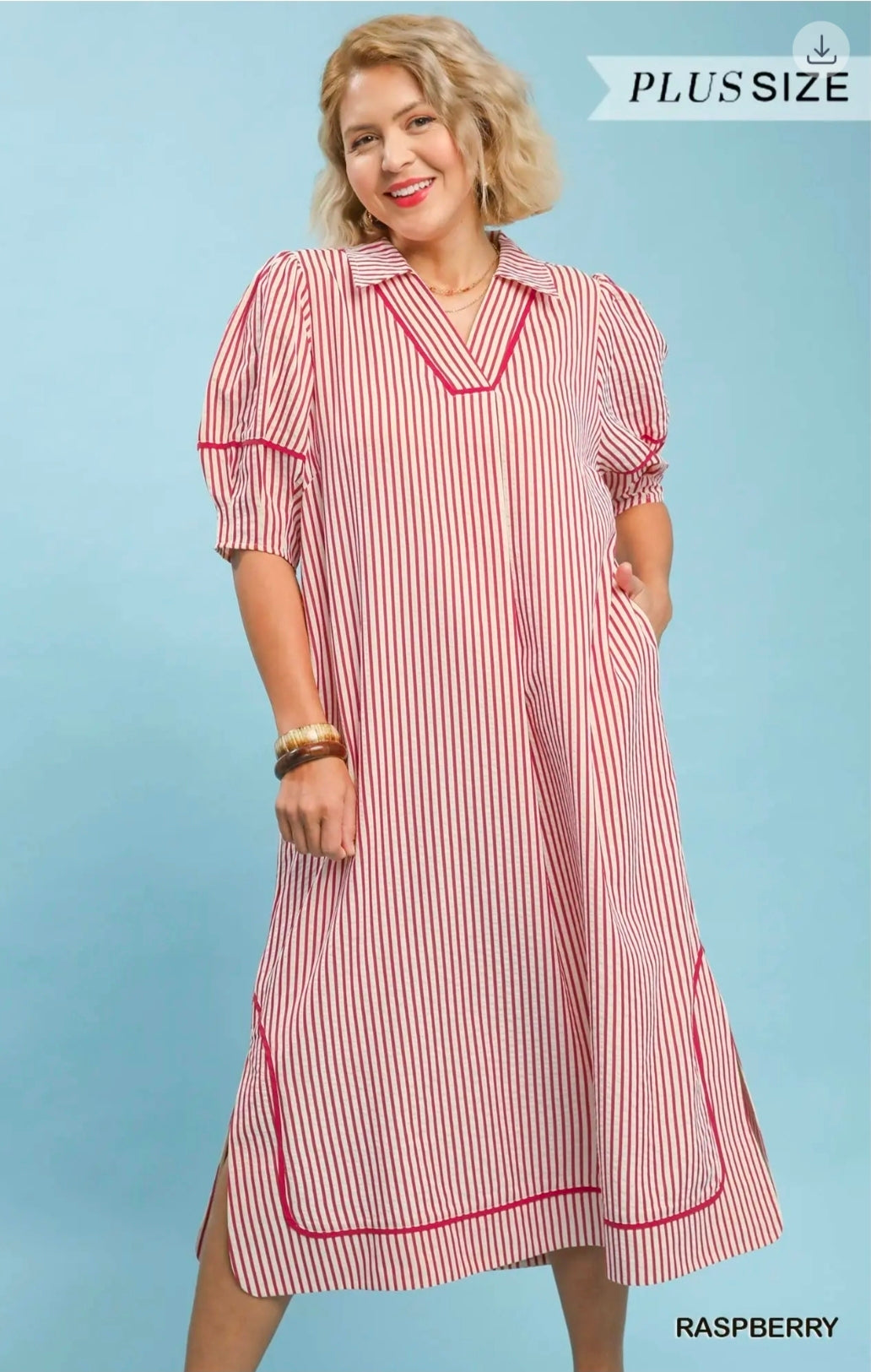 Striped midi dress with puff sleeves