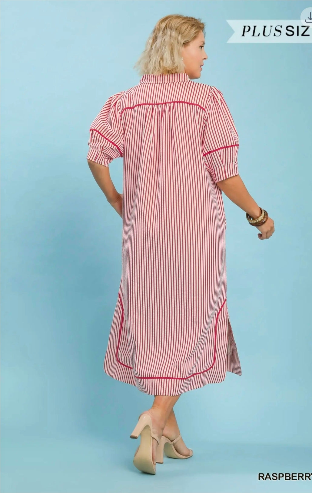 Striped midi dress with puff sleeves