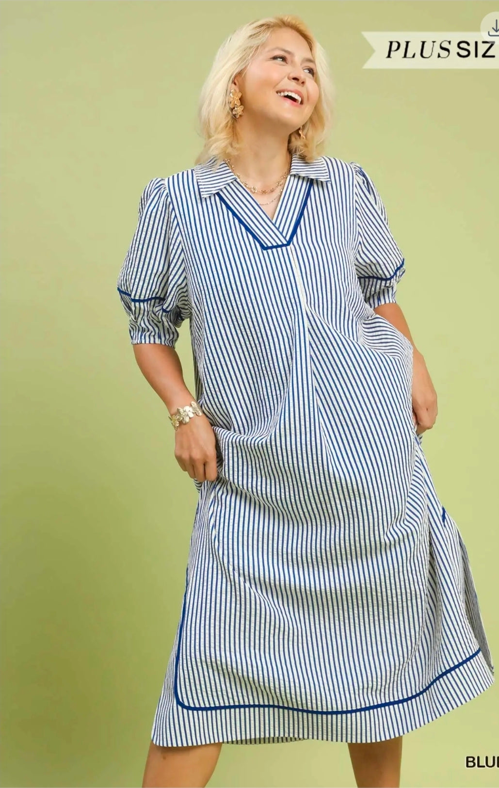 Striped midi dress with puff sleeves