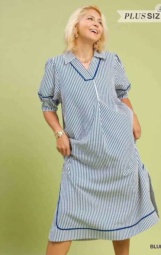 Striped midi dress with puff sleeves