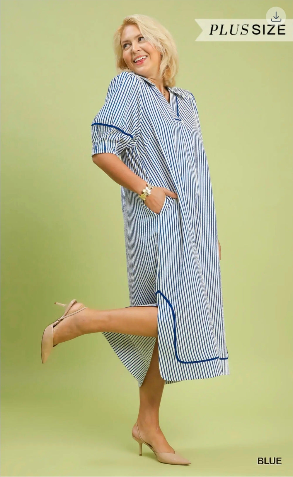 Striped midi dress with puff sleeves