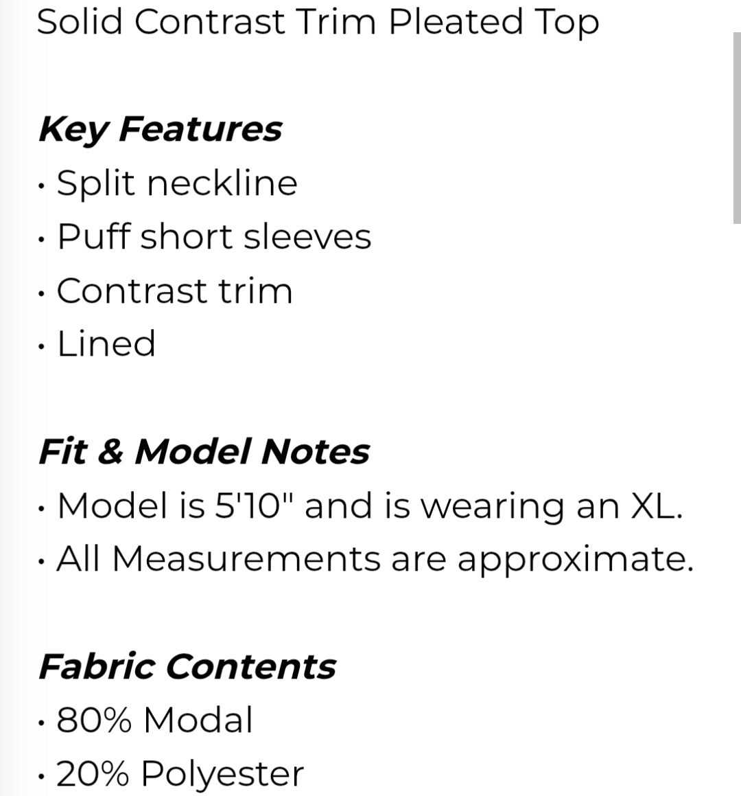 Solid contrast trim pleated top