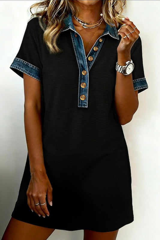 Knit denim contrast polo dress