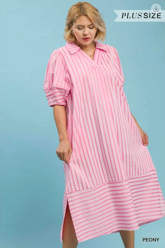 Stripped puff sleeve midi dress