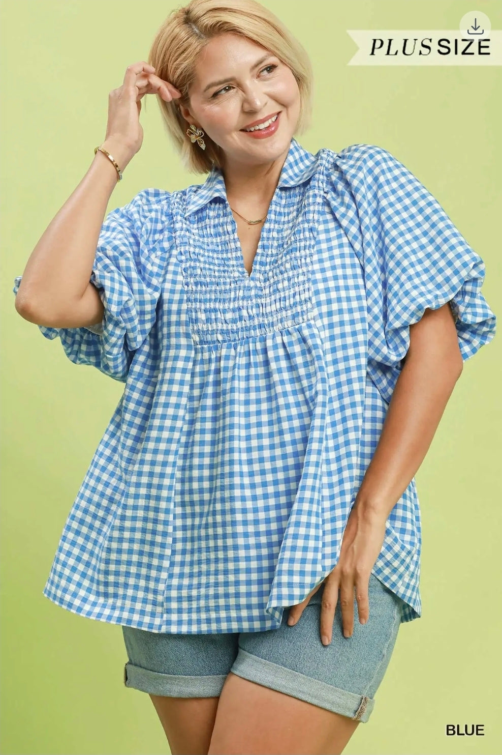 Smocked yoke puff sleeve gingham blouse
