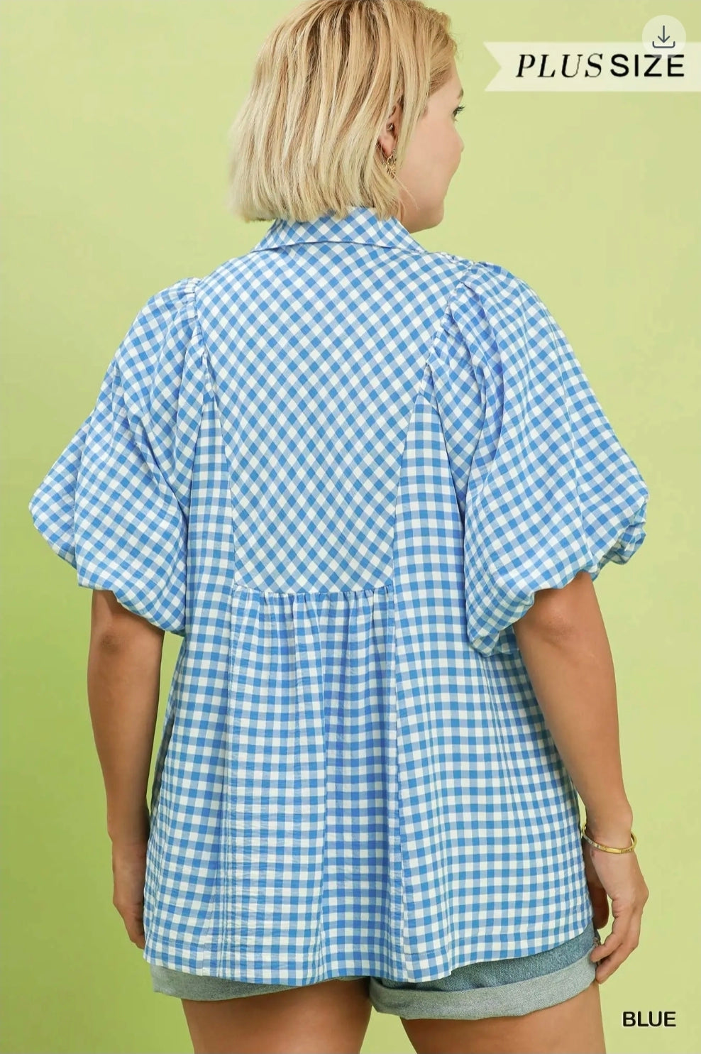 Smocked yoke puff sleeve gingham blouse