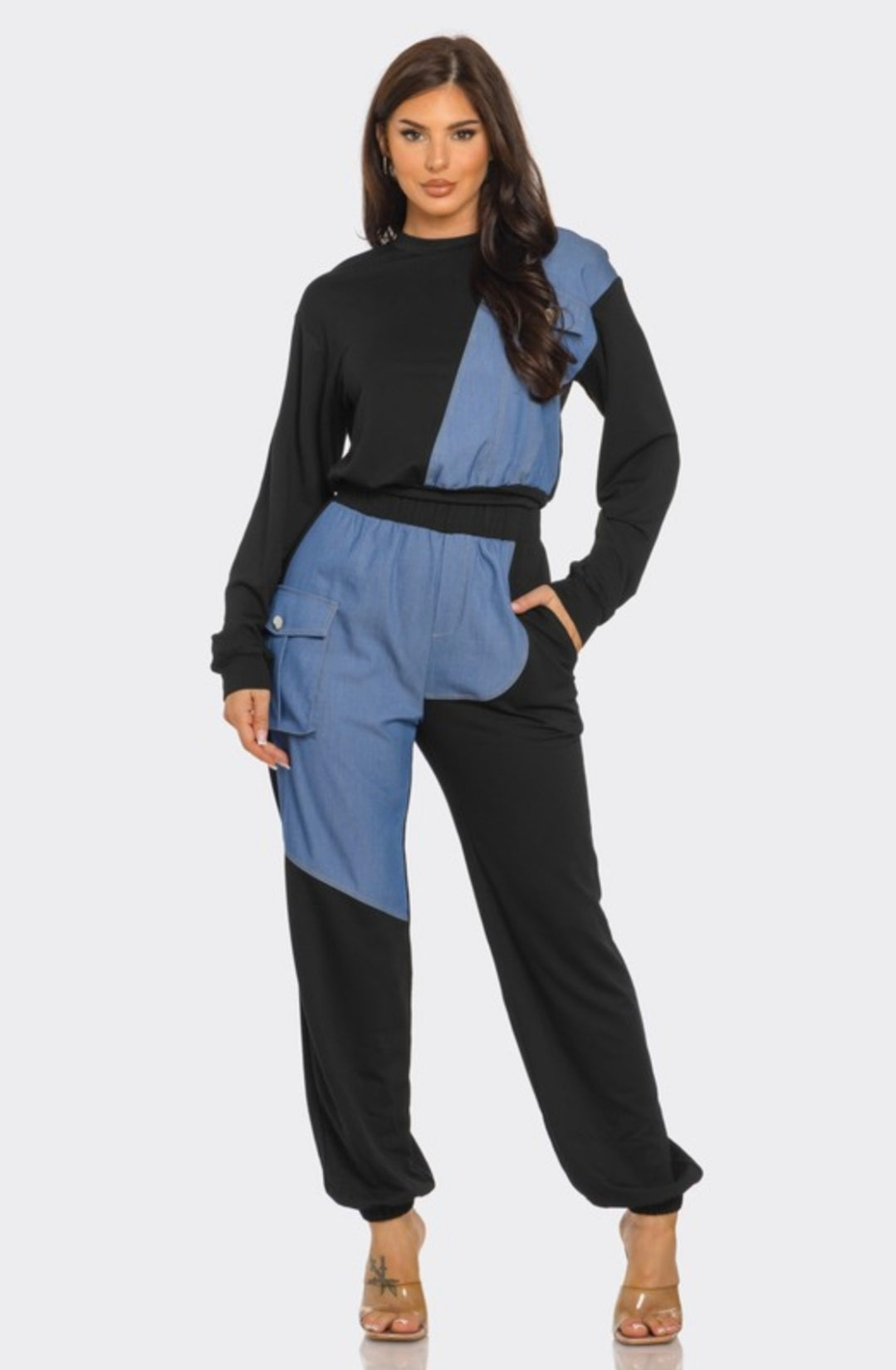 Black & denim pants set