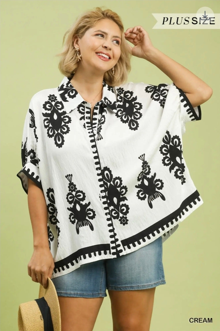 Oversized abstract print button top