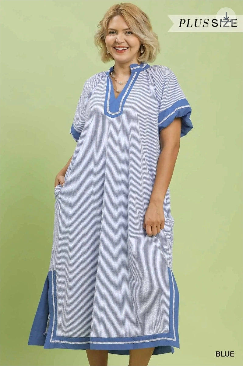 Pinstripe contrast trim midi dress