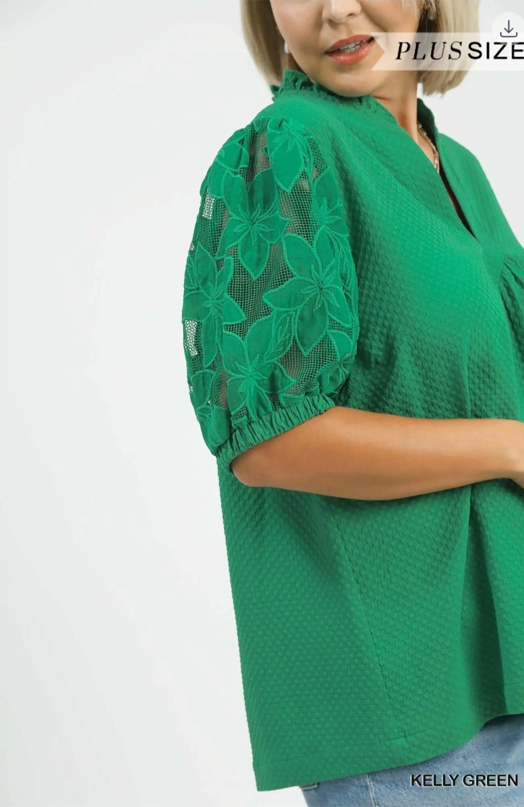 Textured blouse with lace contrast sleeve