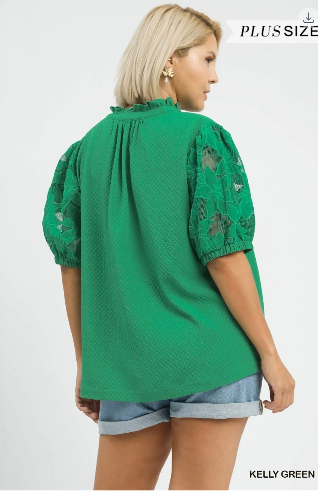 Textured blouse with lace contrast sleeve