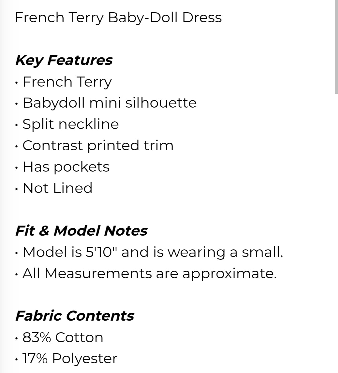 French Terry baby doll dress