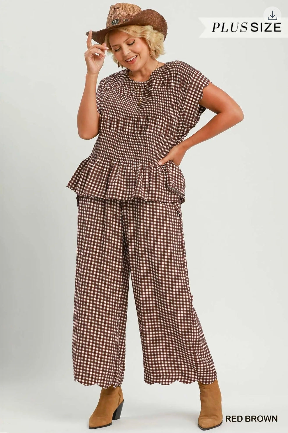 Gingham red brown pants set