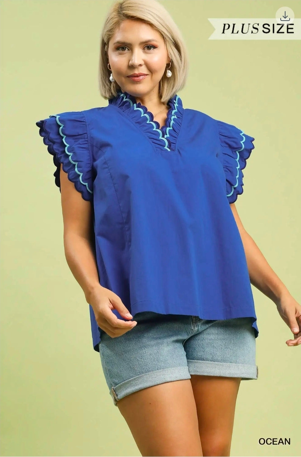 Scallop trim ruffle sleeve top